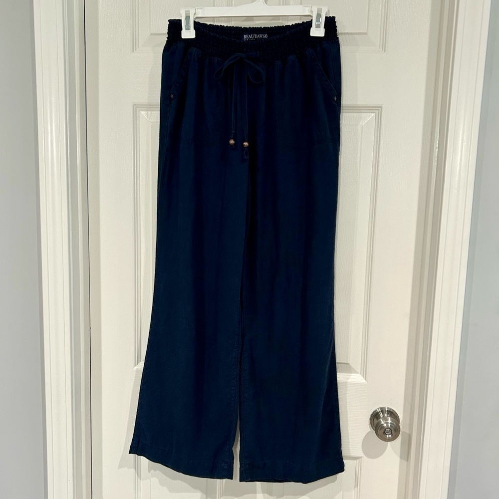 Beau Dawson Wide Leg Navy Blue Linen Blend Pants Women L Pull On Pocket Casual - Picture 3 of 13